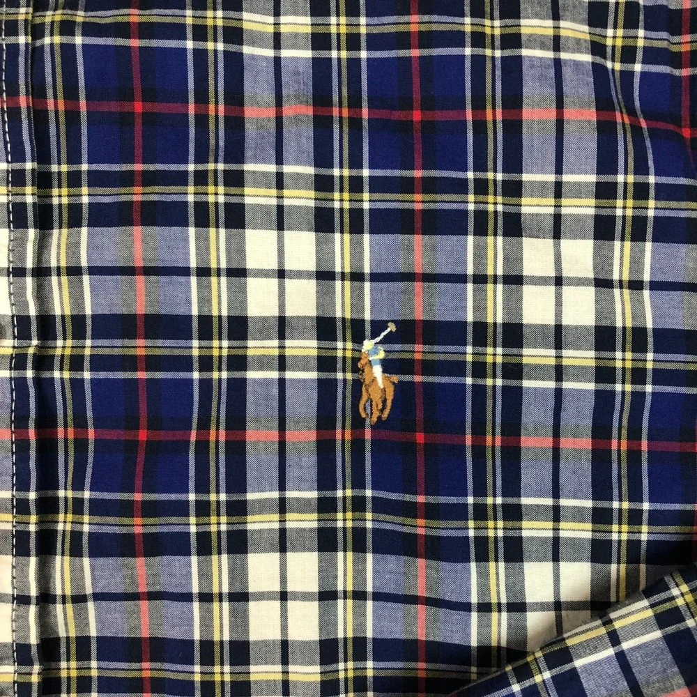 Ralph Lauren Boys Size XL 18-20 Plaid Button Down Shirt Navy Red Natural Stretch